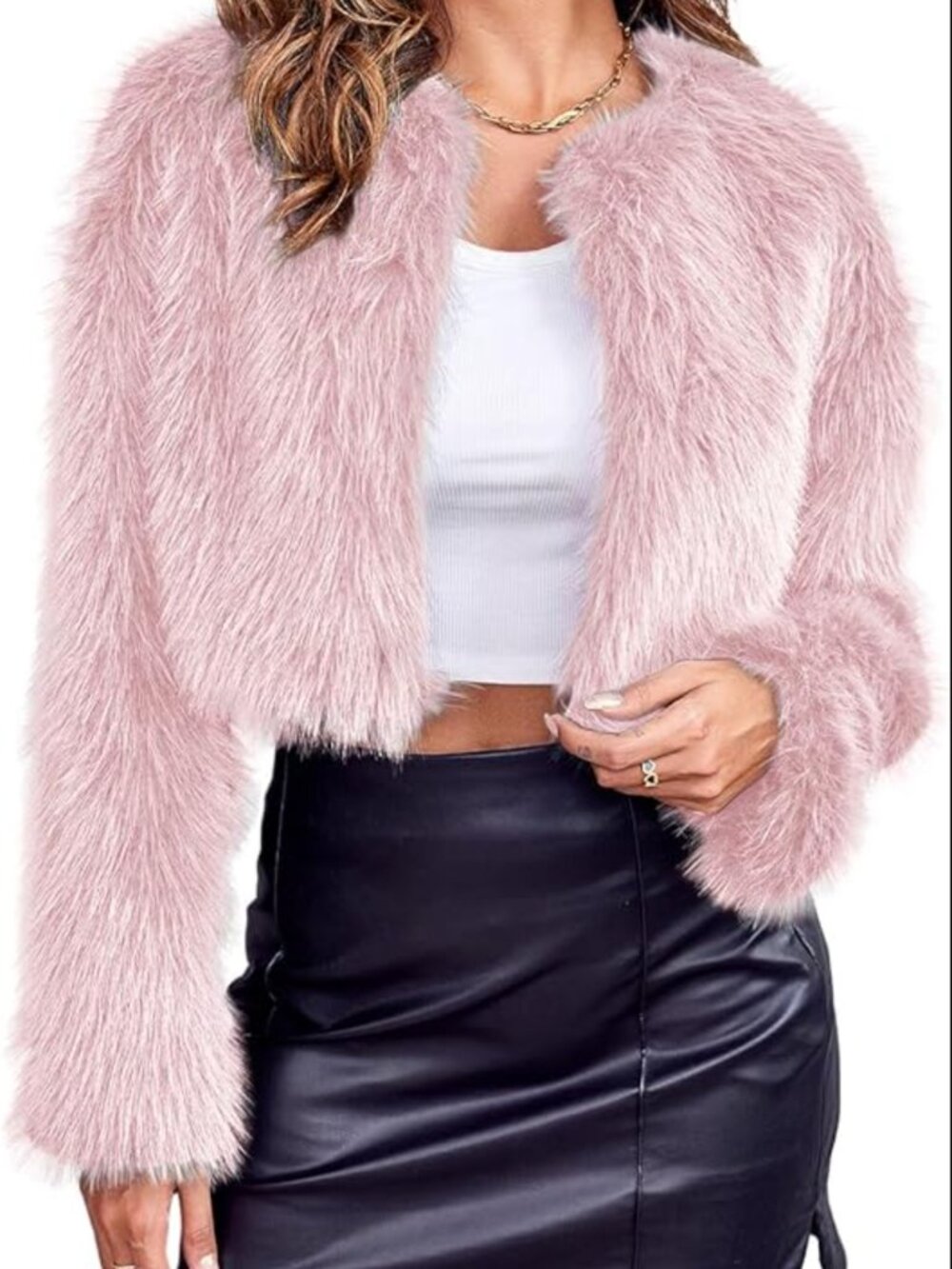 Baby Pink Cropped Faux Fur Jacket